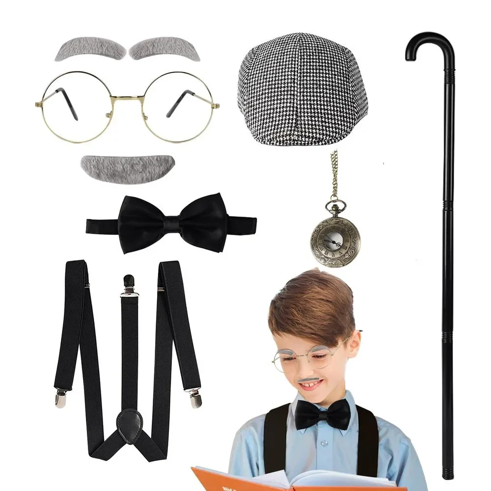 1920s Old Man Gentleman Costume Set Beret Glasses Eyebrows Cane Suspenders Watch